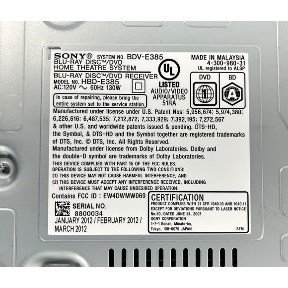 Sony BDV-E385 Black Home Theater Receiver/ Blu-Ray Player with Remote Tested - Picture 11 of 14